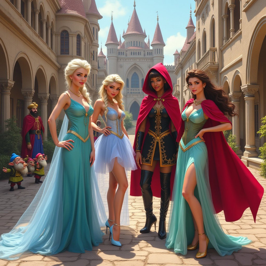A bold interpretation of the fairy tale characters Queen Elsa from Frozen (Reine des neiges), Little Red Riding Hood, Cinderella, and Princess Jasmine, each depicted as alluring yet powerful figures