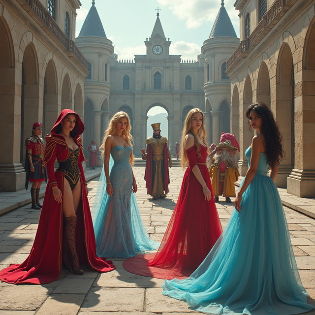 A fantasy scene featuring bold reinterpretations of iconic fairy tale characters: the Queen Elsa (Reine des neiges) with a seductive twist, Little Red Riding Hood, Cinderella, and Princess Jasmine, each showcasing a confident and playful demeanor