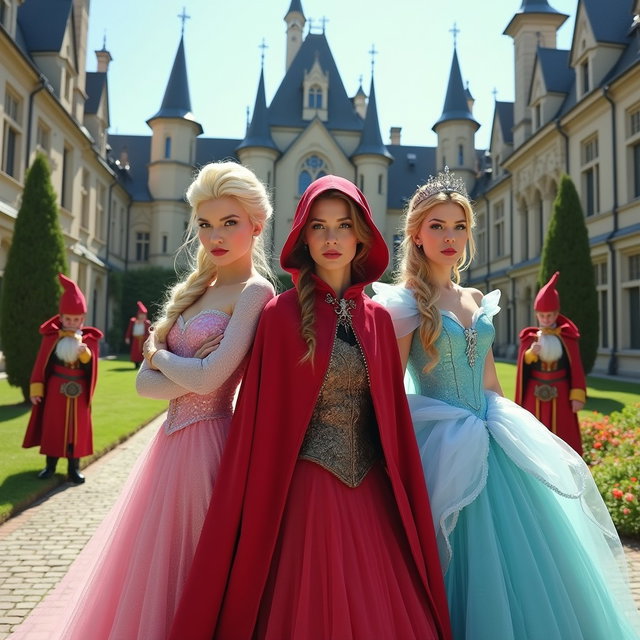 A provocative reinterpretation of fairy tale characters: Queen Elsa from Frozen, Little Red Riding Hood, Cinderella, and Princess Jasmine, styled in a bold and daring manner