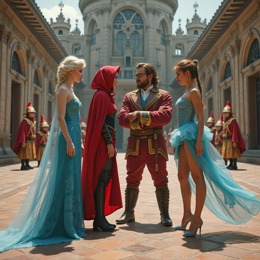 A provocative fantasy scene featuring bold reinterpretations of iconic fairy tale characters: Queen Elsa from Frozen, Little Red Riding Hood, Cinderella, and Princess Jasmine, each portrayed with a daring and playful flair