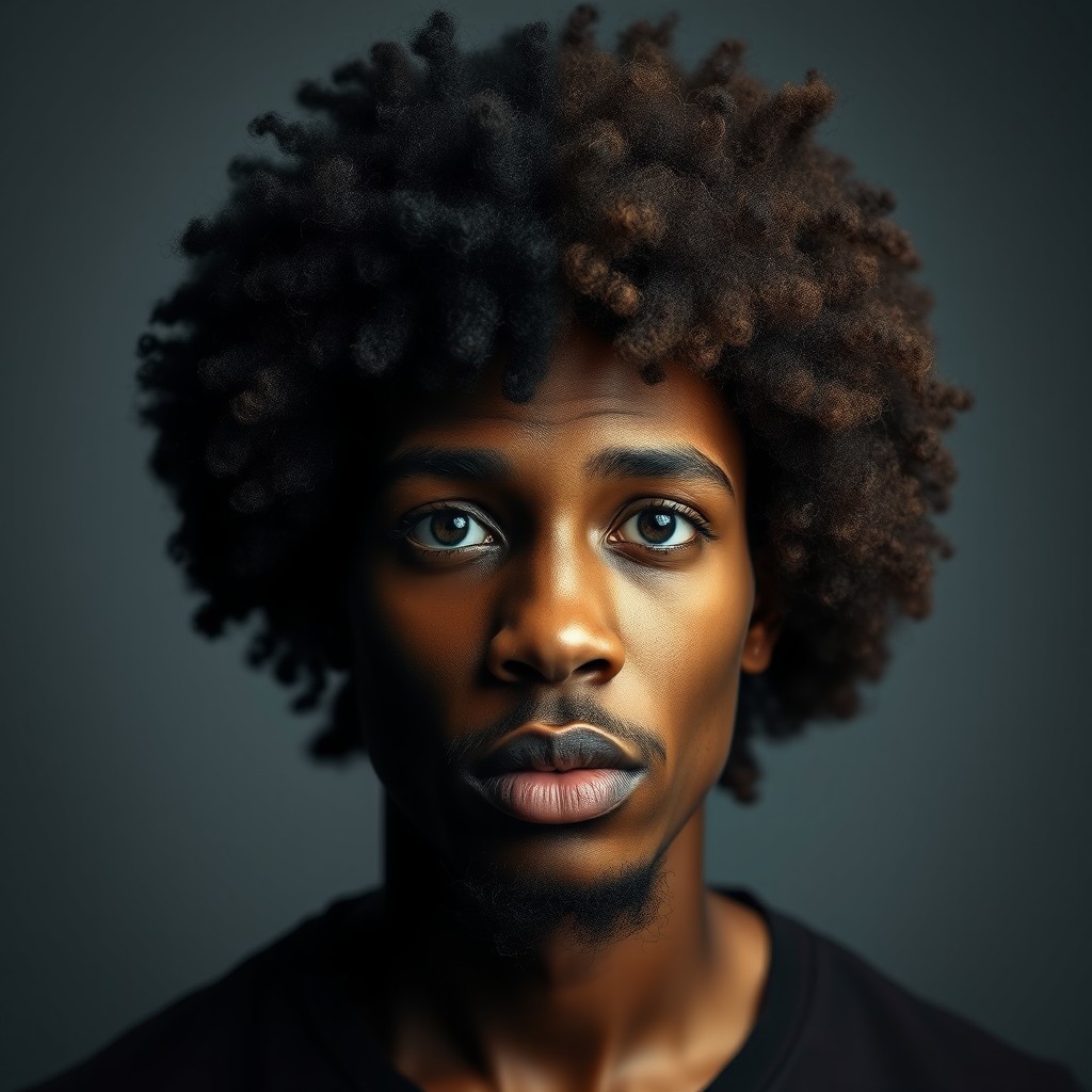 A vertical half-and-half portrait of an Afro hairstyle, one side showcasing a dark aesthetic with dramatic lighting, while the other side features natural light and a brighter, softer look
