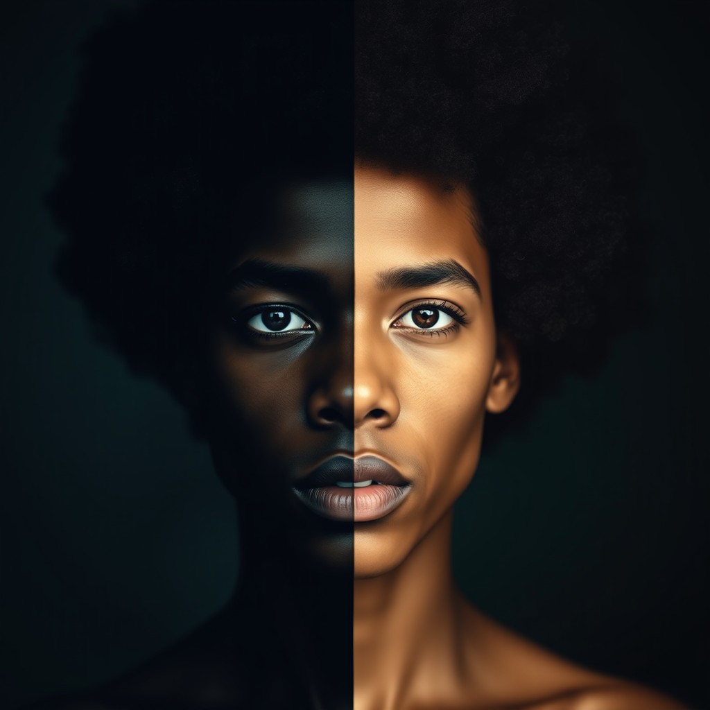 A retro Afro hairstyle portrait vertically divided into two parts, with one side depicting a dark, moody aesthetic and the other showcasing a light, natural glow
