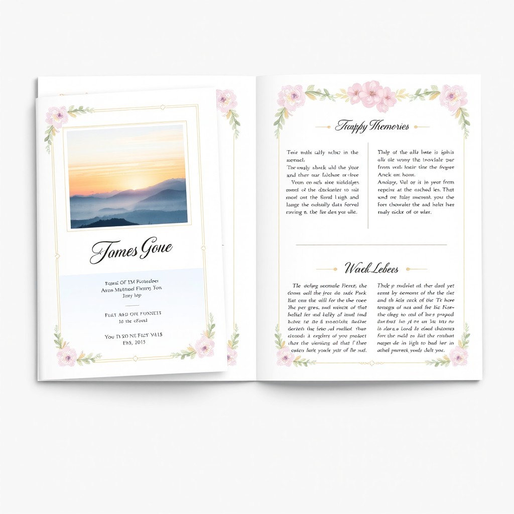 A beautifully designed funeral booklet featuring a serene and respectful layout