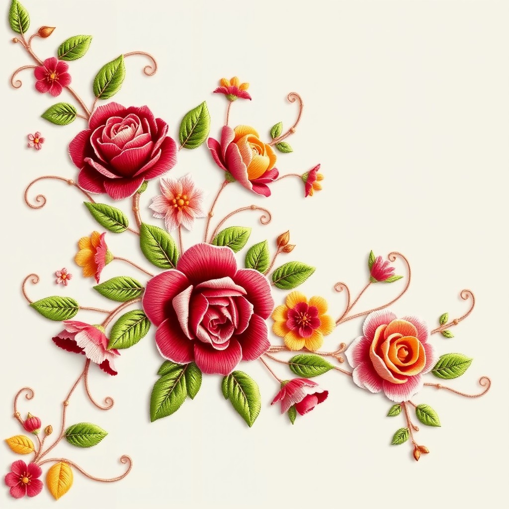 A detailed and intricate floral hand embroidery design for a traditional suit border, featuring vibrant colors and delicate patterns