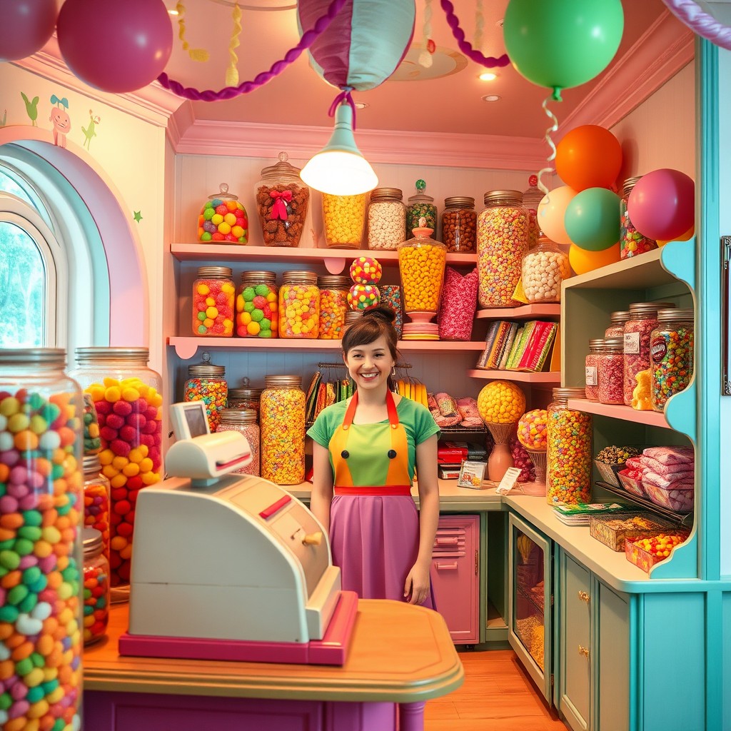 A whimsical candy shop filled with colorful candies and sweets, featuring shelves stocked with jars of vibrant gummy bears, lollipops, and chocolate bars