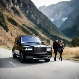 A teenage boy and a beautiful girl in a black Rolls-Royce on a mountain road. Viewed from outside with three black Benz G-class vehicles trailing behind them