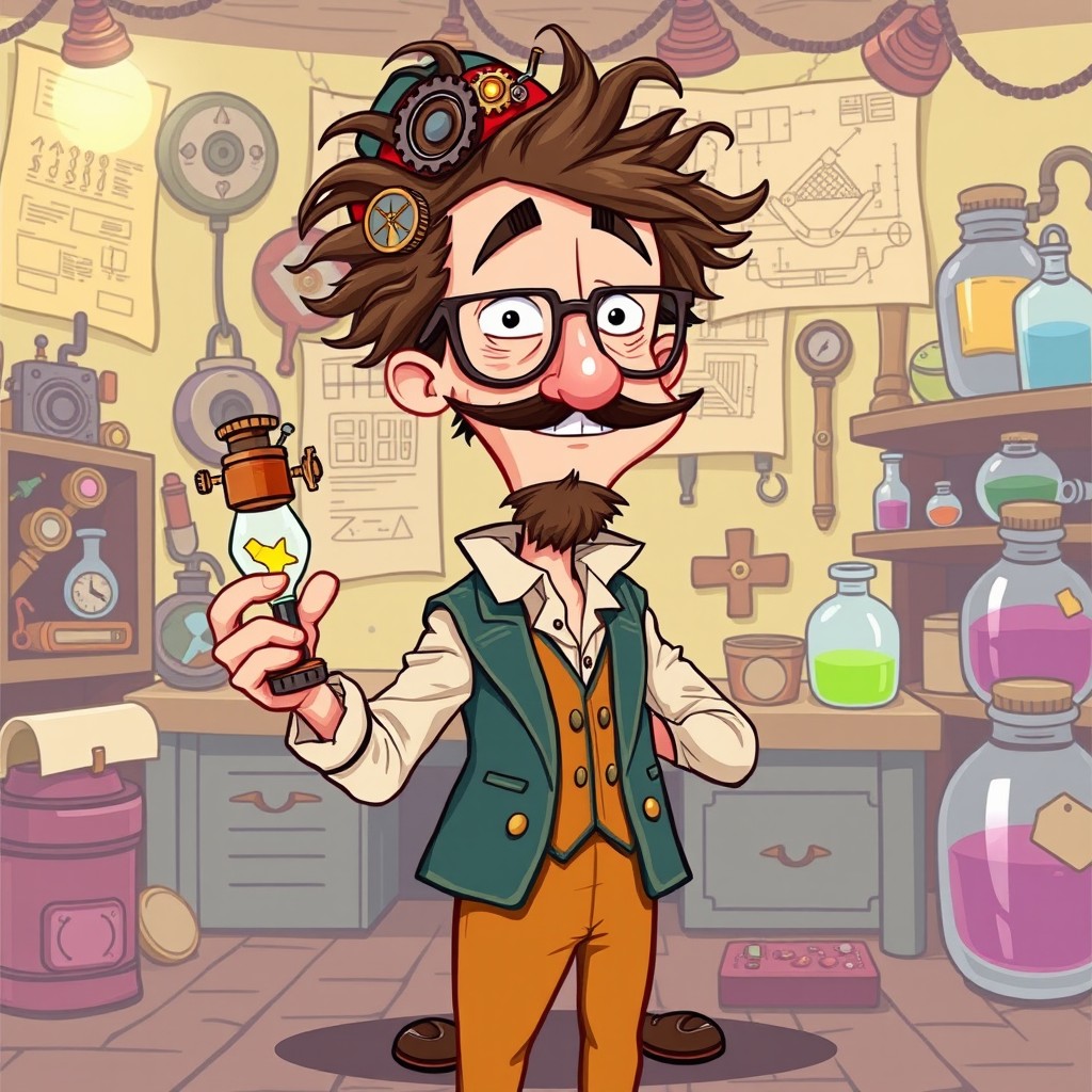 A character illustration of Pomysłowy Dobromir, a clever and inventive figure from Polish folklore