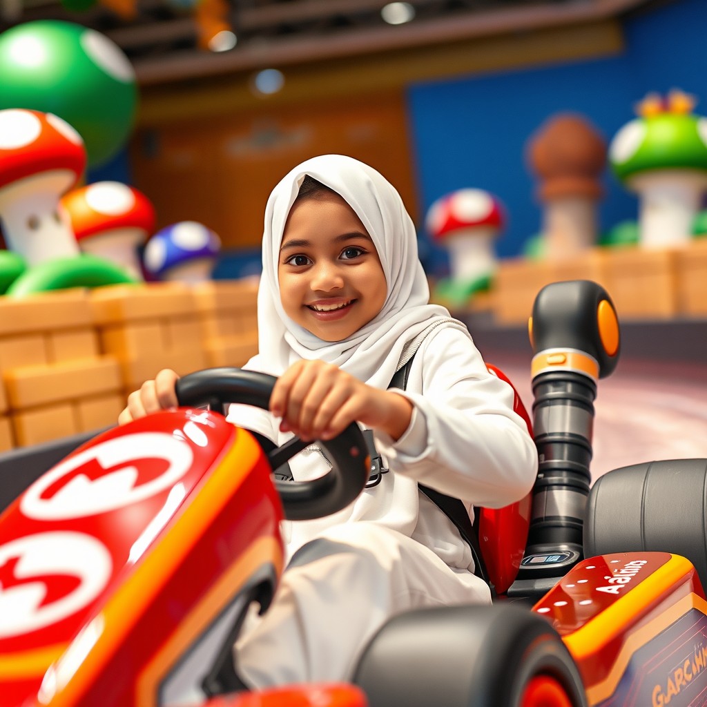 A Muslim girl wearing a white hijab and white clothing, confidently seated in a colorful Mario Kart racing car, featuring vibrant designs and details