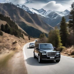 A teenage boy and a beautiful girl in a black Rolls-Royce on a mountain road. Viewed from outside with three black Benz G-class vehicles trailing behind them