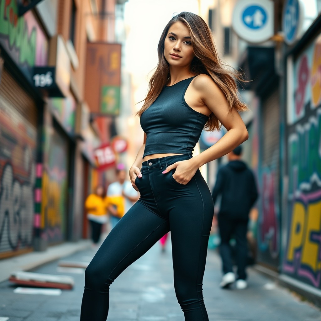 A stylish 18-year-old woman confidently posing in sleek black leggings that accentuate her figure