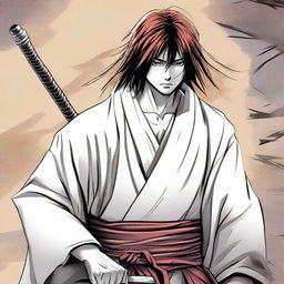 Manga-style illustration of character Kenshin Fujimoto: a courageous hero determined to defeat the reincarnated demon, with distinctive features such as a sword at his belt, scar on his face, and an intense gaze.