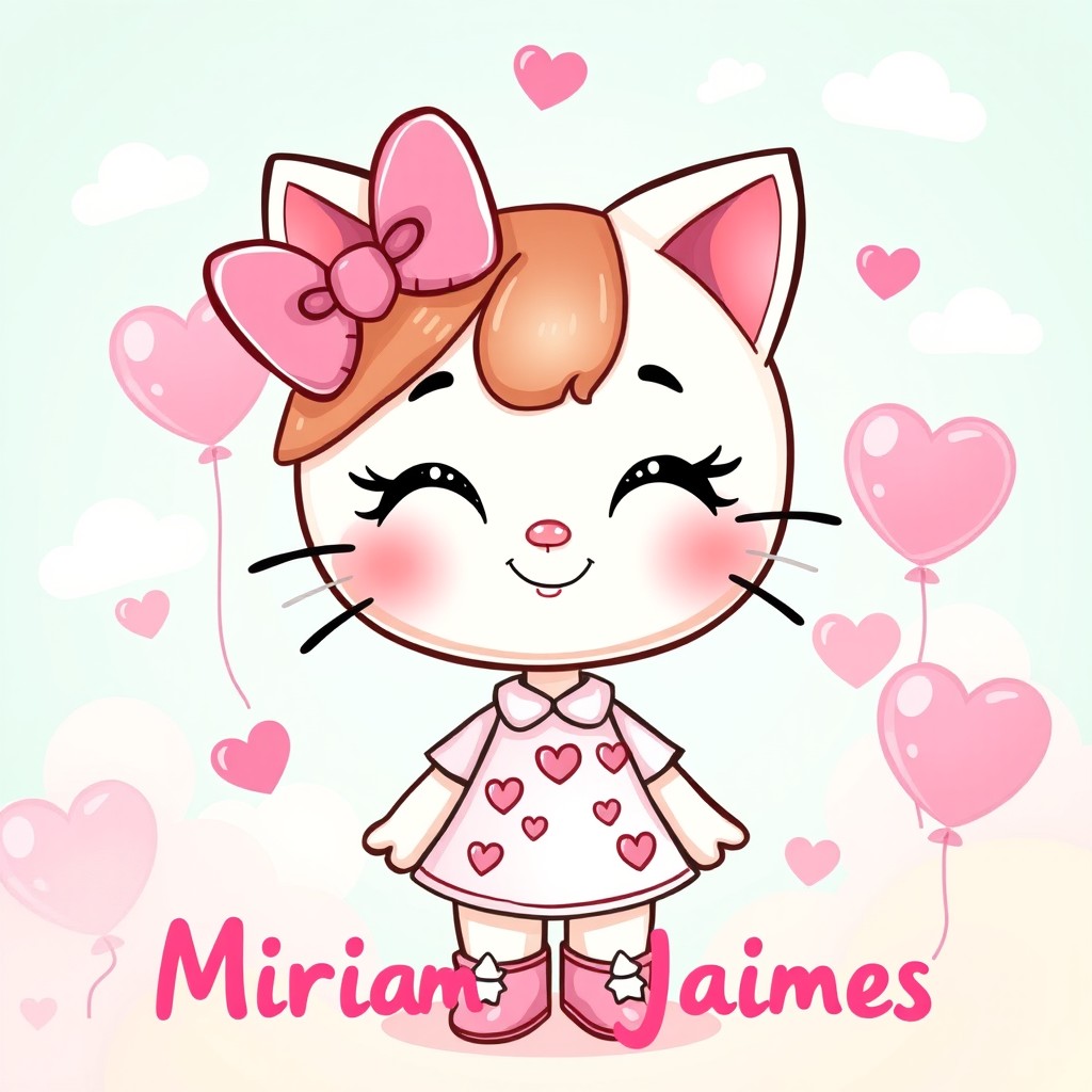 A cute and vibrant illustration of a character inspired by Hello Kitty, named Miriam Jaimes