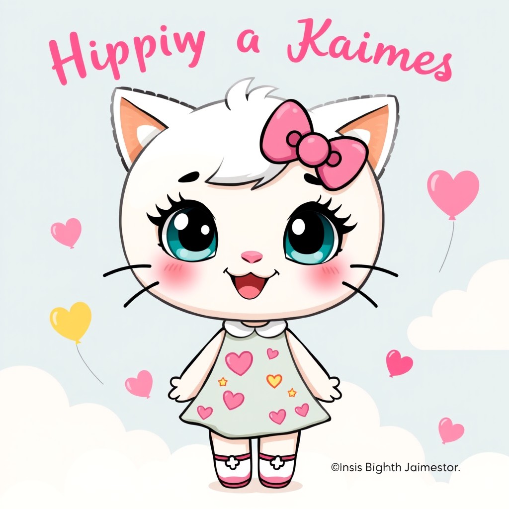 A cute and vibrant illustration of a character inspired by Hello Kitty, named Miriam Jaimes