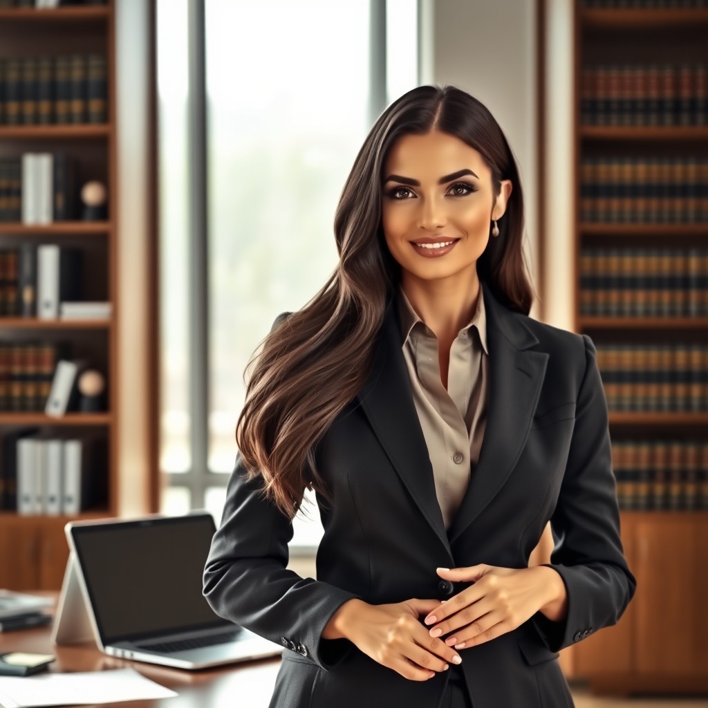 A stunning and elegant lawyer, radiating confidence and sophistication, in a modern office setting