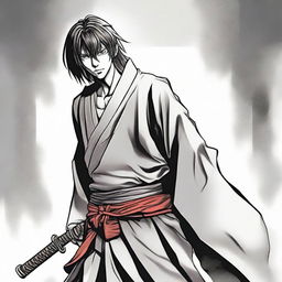 Manga-style illustration of character Kenshin Fujimoto: a courageous hero determined to defeat the reincarnated demon, with distinctive features such as a sword at his belt, scar on his face, and an intense gaze.