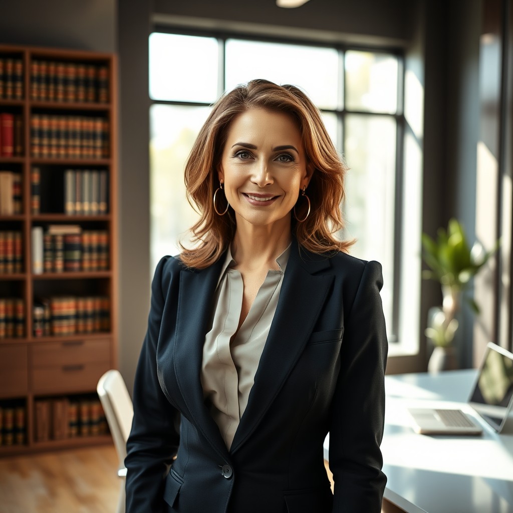 A beautiful and elegant 50-year-old lawyer, embodying confidence and poise, in a modern office environment