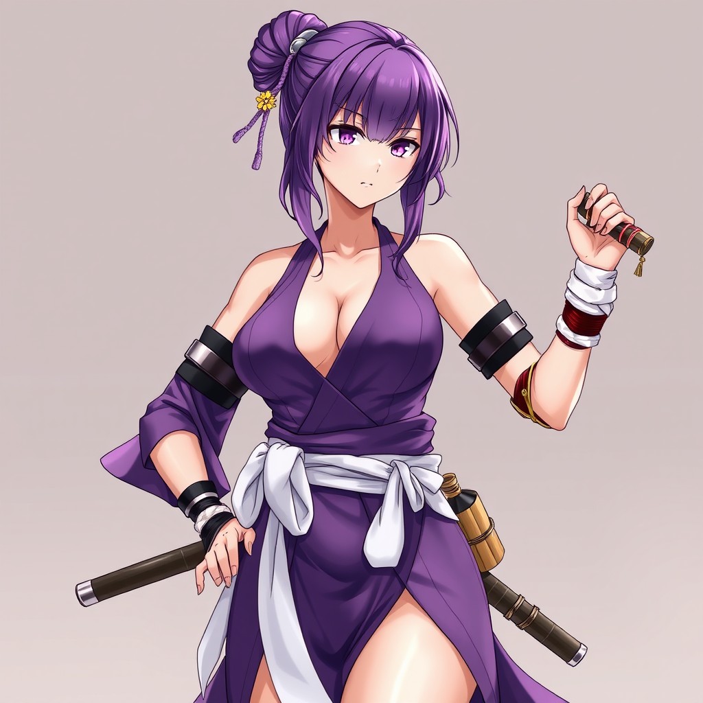 An anime woman with striking purple locks of hair elegantly tied into a bun, secured with a decorative hairpin