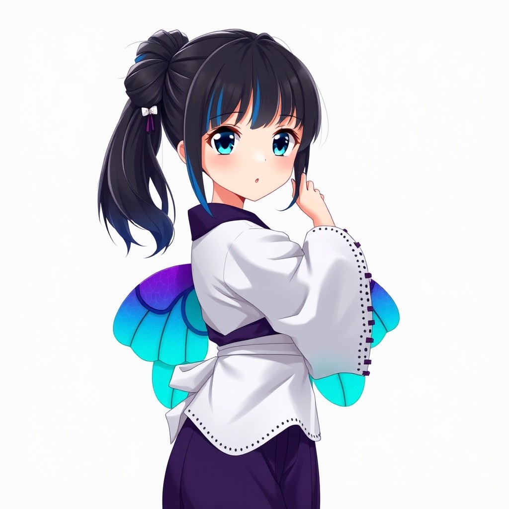 A beautiful anime woman with a frail appearance, featuring striking black hair with blue highlighted tips intricately tied back into a "yakai-maki" bun, secured with a stylish beetle-shaped pin