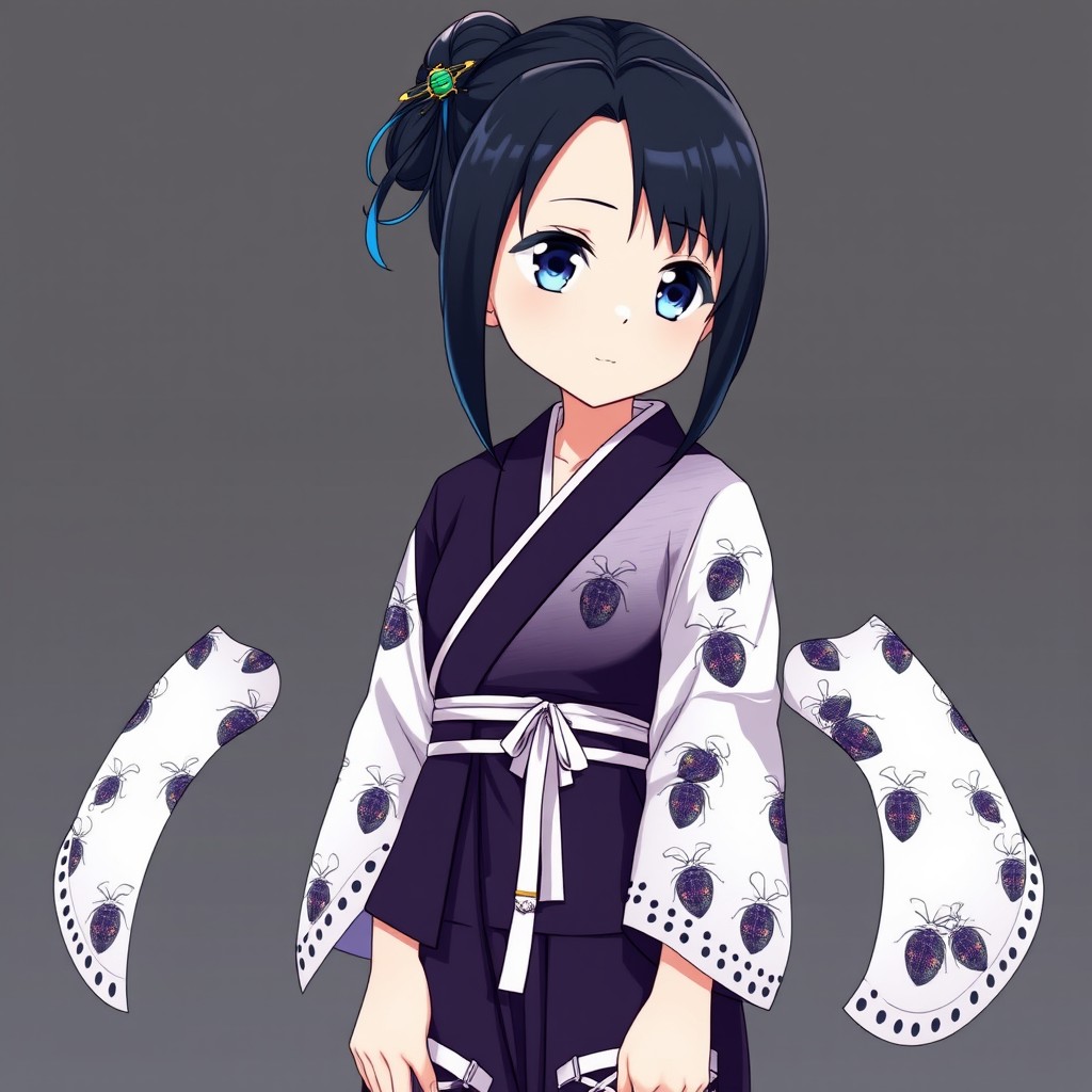 A beautiful anime woman with a frail appearance, featuring elegant black hair highlighted with blue tips, tied back into a "yakai-maki" bun secured with a decorative beetle-shaped pin