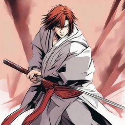 Manga-style illustration of character Kenshin Fujimoto: a courageous hero determined to defeat the reincarnated demon, with distinctive features such as a sword at his belt, scar on his face, and an intense gaze.