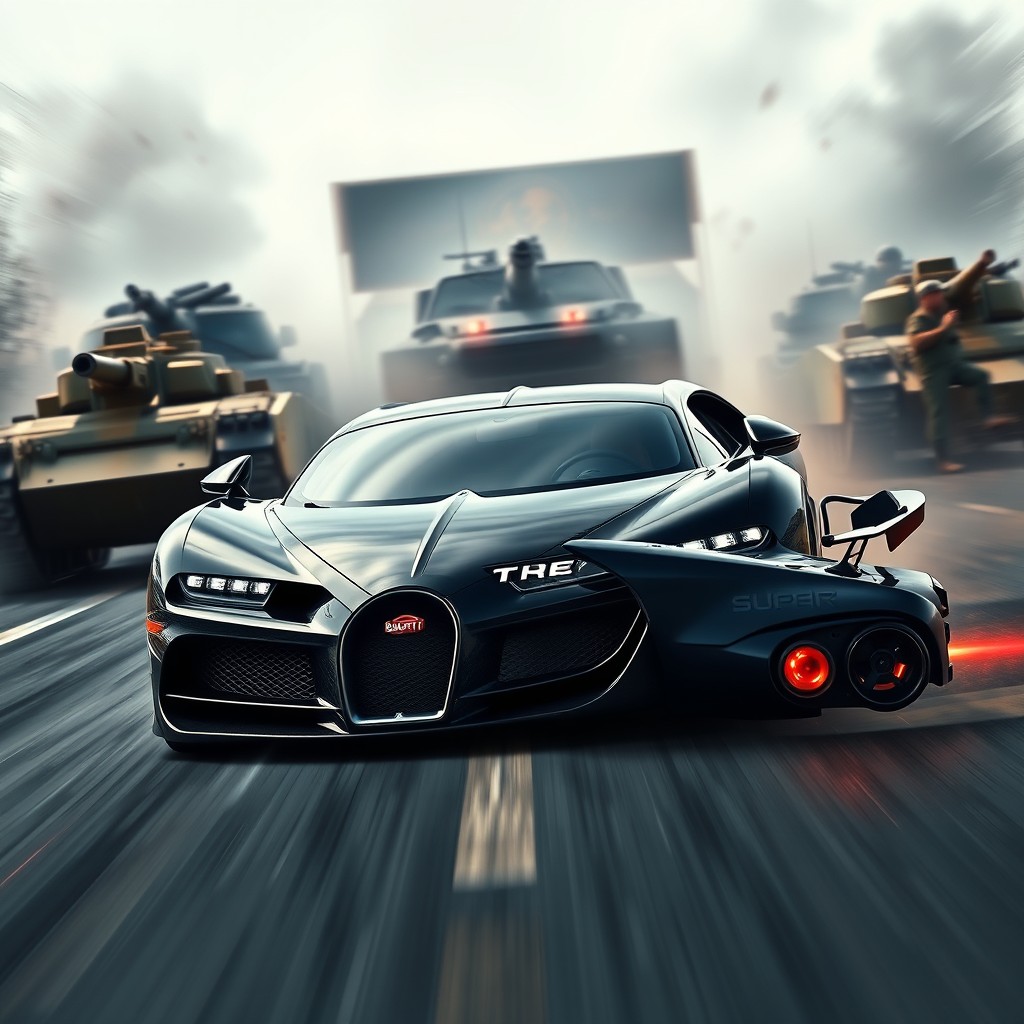 A stunning and powerful Bugatti racing car in an intense soldier-themed race setting