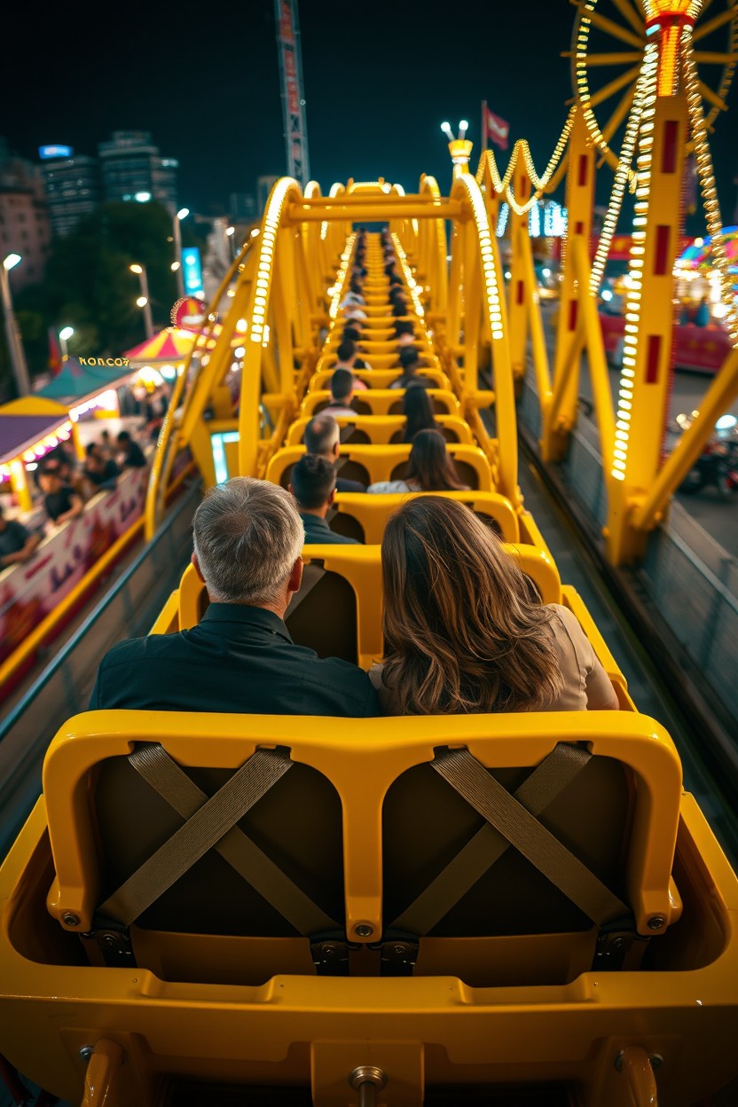 An ultra-realistic cinematic night scene capturing a vibrant city festival with a bright yellow roller coaster