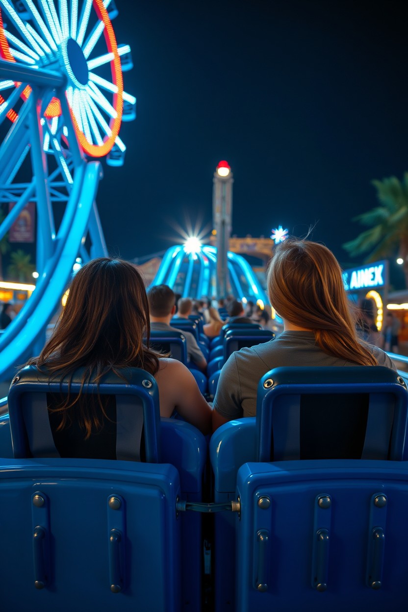 An ultra-realistic cinematic night scene depicting an urban festival atmosphere featuring a bright blue roller coaster