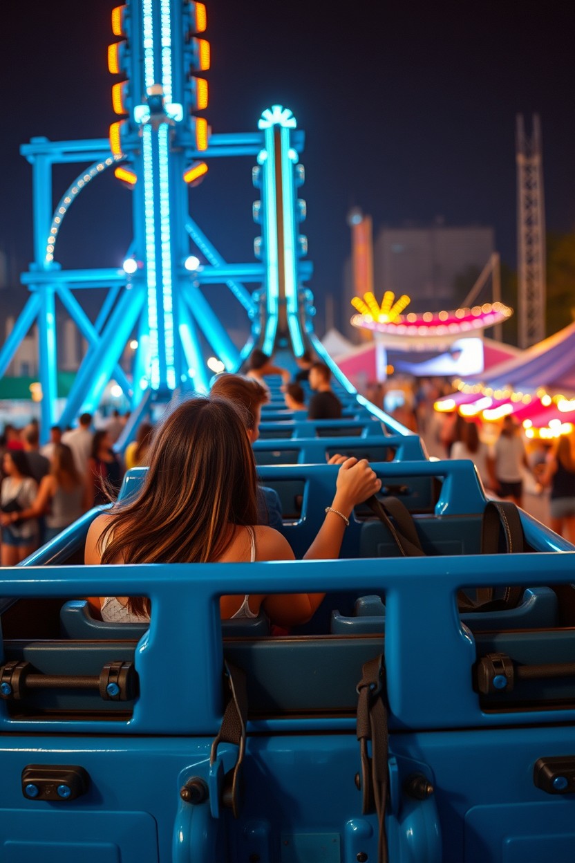 An ultra-realistic cinematic night scene at an urban festival featuring a bright blue roller coaster