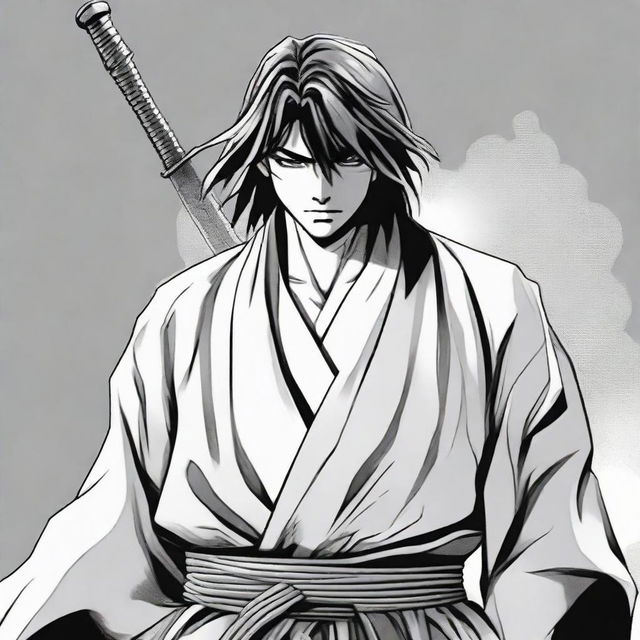 Manga-style illustration of character Kenshin Fujimoto: a courageous hero determined to defeat the reincarnated demon, with distinctive features such as a sword at his belt, scar on his face, and an intense gaze.