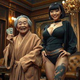 In an opulent Yakuza mafia hall, a tiny, malnourished 90-year-old Chinese woman with short hair is beaming with joy, dressed in a luxurious suede bathrobe and holding wads of dollar bills