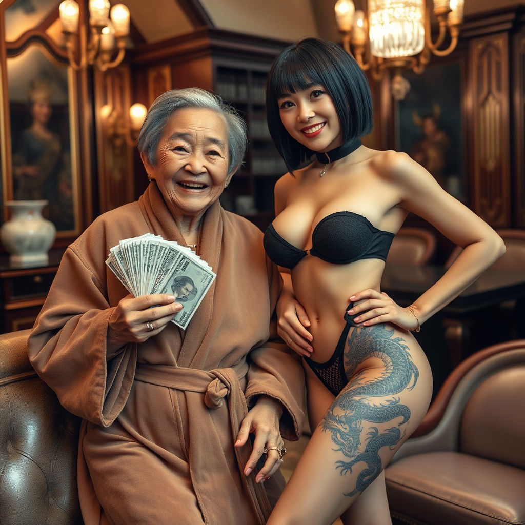 In a luxurious Yakuza salon, a 90-year-old Chinese woman, petite and looking frail, smiles broadly showing her gums with short hair while wearing a luxurious suede bathrobe and holding stacks of dollars