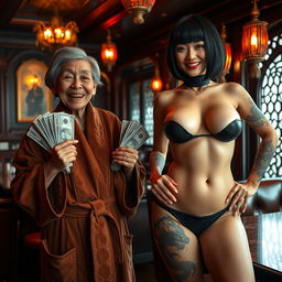 Inside a luxurious Yakuza lounge, a cheerful 70-year-old malnourished Chinese woman, very short with short hair, grins warmly revealing her gums while dressed in an opulent suede bathrobe and holding bundles of dollar bills