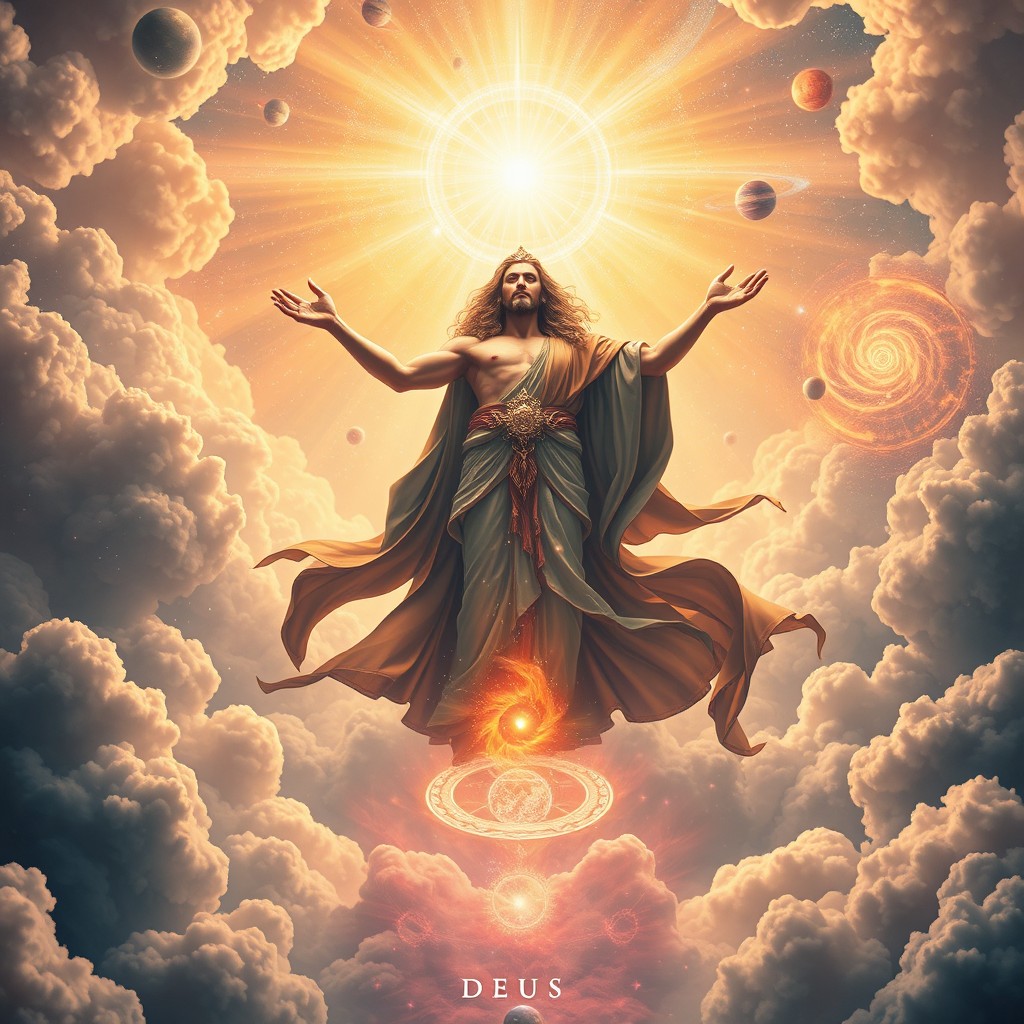 An otherworldly representation of the concept of DEUS, showcasing a grand, ethereal realm filled with luminous clouds and divine light