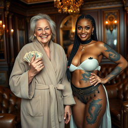 In an opulent Russian mafia salon, a 60-year-old short white woman appears slightly malnourished, with medium-length blonde hair parted stylishly and bright blue eyes