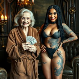 In a luxurious Russian mafia salon, a delightful scene features an elderly white woman, about 60 years old, who is short and slightly malnourished