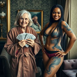 In a luxurious Russian mafia salon, a delightful scene features an elderly white woman, about 60 years old, who is short and slightly malnourished