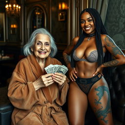 In a luxurious Russian mafia salon, a delightful scene features an elderly white woman, about 60 years old, who is short and slightly malnourished