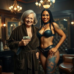 In a luxurious mafia-themed salon, featuring a 60-year-old white woman with medium blonde hair, blue eyes, and a wide smile revealing her gums