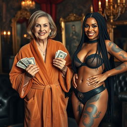 In a luxurious mafia-themed salon, featuring a 60-year-old white woman with medium blonde hair, blue eyes, and a wide smile revealing her gums