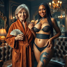 In a luxurious mafia-themed salon, featuring a 60-year-old white woman with medium blonde hair, blue eyes, and a wide smile revealing her gums