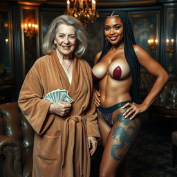 In a luxurious Russian mafia lounge, a short, malnourished 60-year-old white woman with medium blonde hair, blue eyes, and a toothy smile displaying her gums stands in an extravagant suede bathrobe while holding stacks of dollars