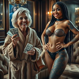 In an opulent Russian mafia lounge, a short, malnourished 60-year-old white woman with medium blonde hair and blue eyes smiles widely, revealing her gums, while dressed in an extravagant suede bathrobe and holding stacks of dollars