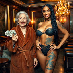 In an opulent Russian mafia lounge, a short, malnourished 60-year-old white woman with medium blonde hair and blue eyes smiles widely, revealing her gums, while dressed in an extravagant suede bathrobe and holding stacks of dollars