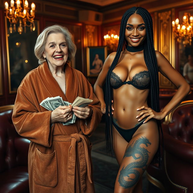 In an opulent Russian mafia lounge, a short, malnourished 60-year-old white woman with medium blonde hair and blue eyes smiles widely, revealing her gums, while dressed in an extravagant suede bathrobe and holding stacks of dollars