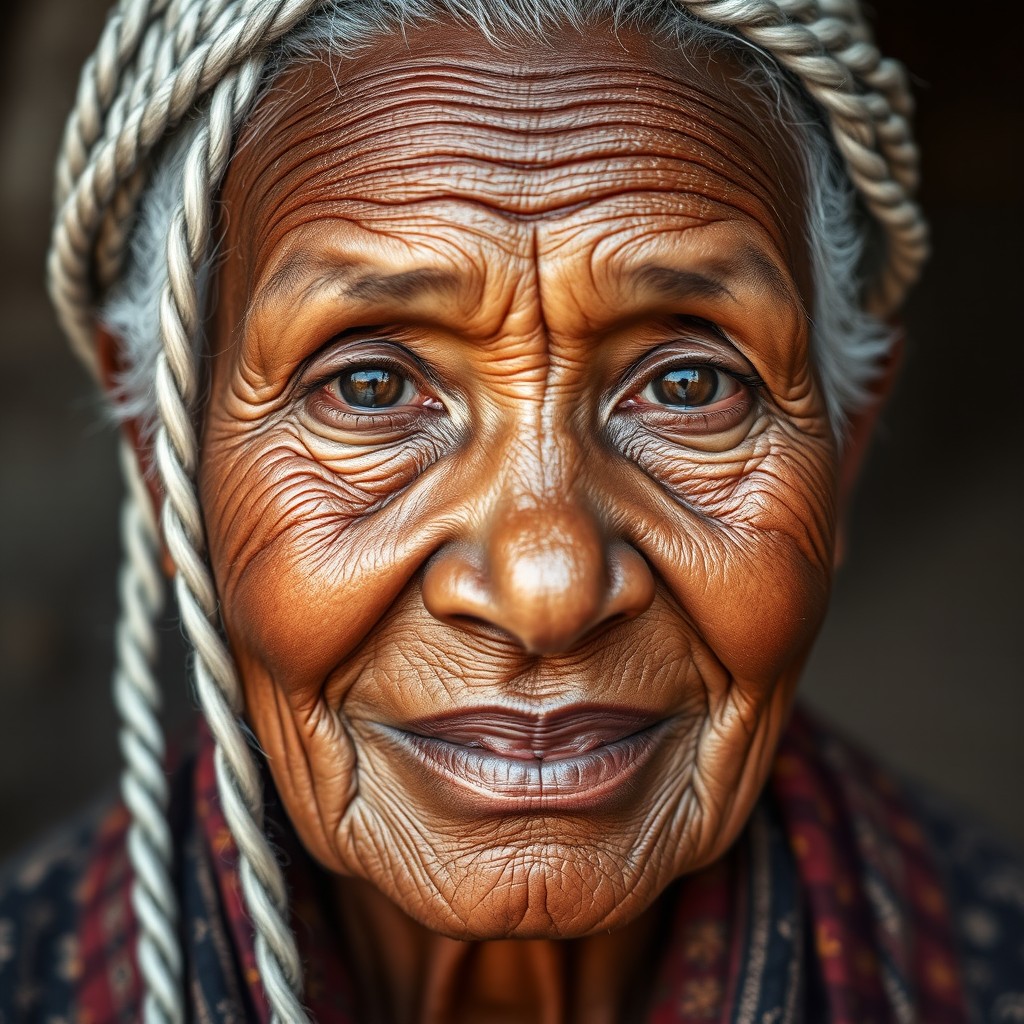 A portrait of an elderly woman, showcasing her weathered brown skin and tightly braided white hair