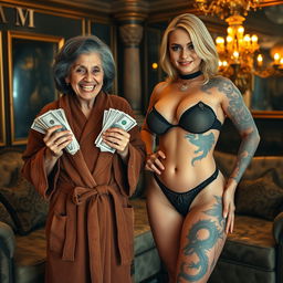 In a luxurious Mexican cartel lounge, a short, emaciated 70-year-old Mexican woman with medium dark gray hair parted and a big smile showing her gums stands holding bundles of dollars