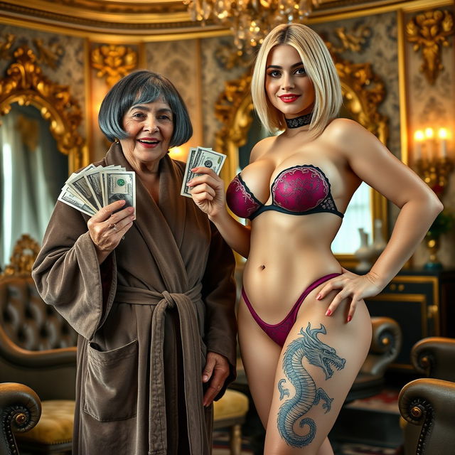 Inside a luxurious Indian mafia salon, an 80-year-old Indian woman of petite stature with a dark gray bob haircut wears an opulent suede bathrobe and smiles widely, revealing her gums while holding a stack of dollars
