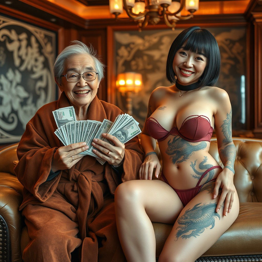 In a luxurious Yakuza lounge, a cheerful 90-year-old Chinese woman, very short and undernourished with short hair, beams a big smile showing her gums