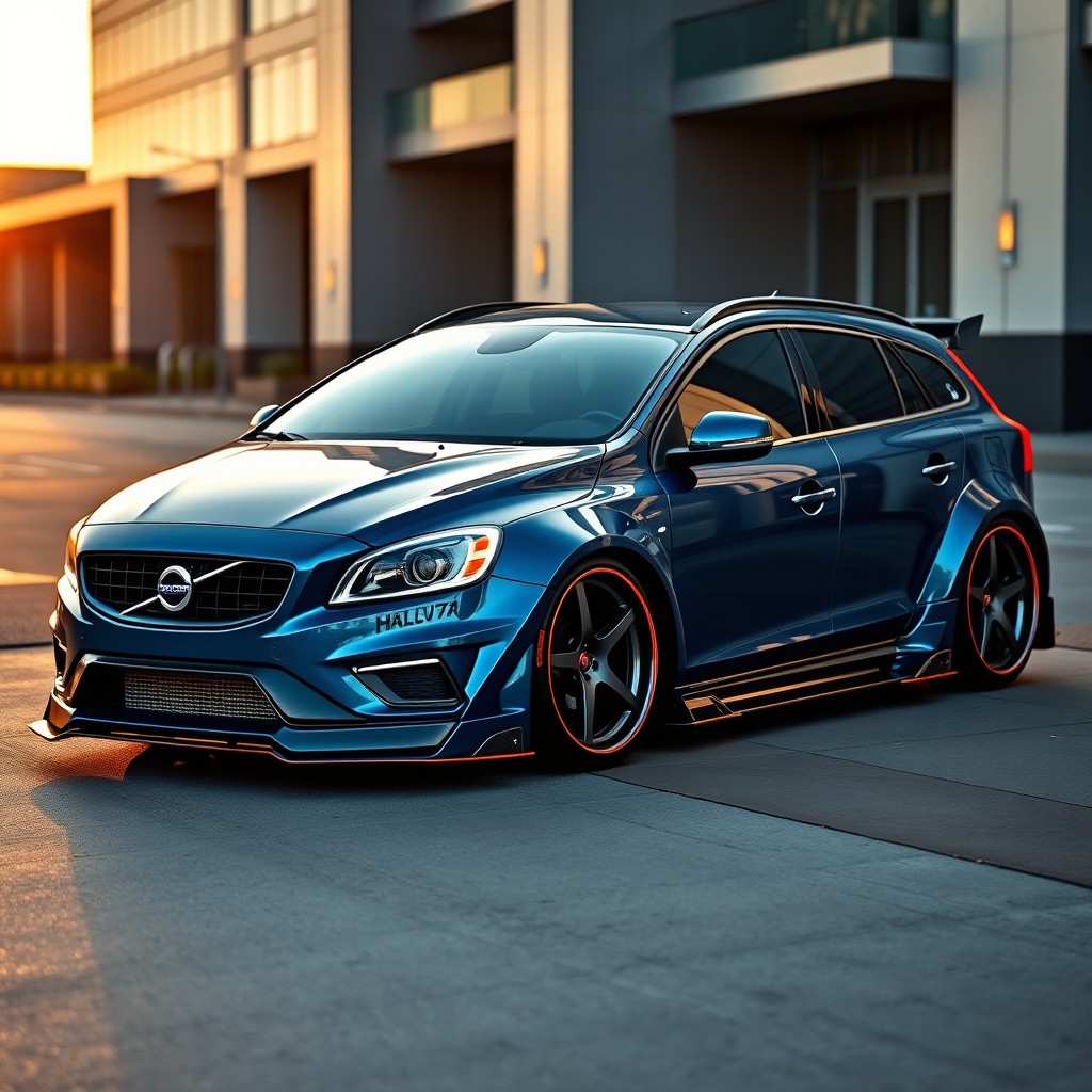 A modified 2014 Volvo V60 featuring an impressive widebody kit that enhances its aggressive stance