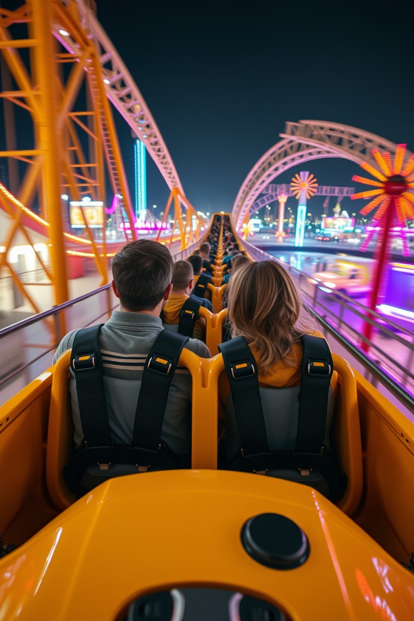 An ultra realistic cinematic night scene featuring a modern roller coaster at a vibrant city festival